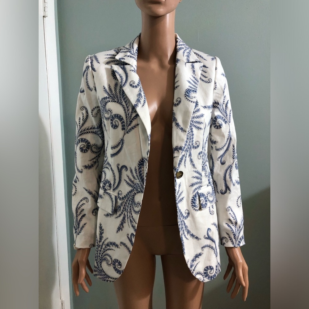 Banana Republic Blazer Women's Sz 0 Ivory Blue Paisley Floral Linen Blend New - Picture 2 of 13